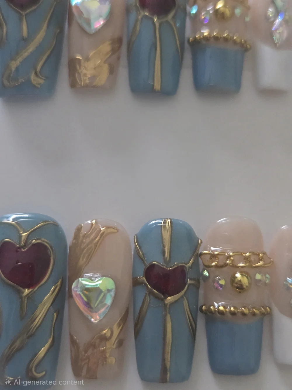 Hand Crafted Blue & Nude Heart Press-On Nails with Gold Accents